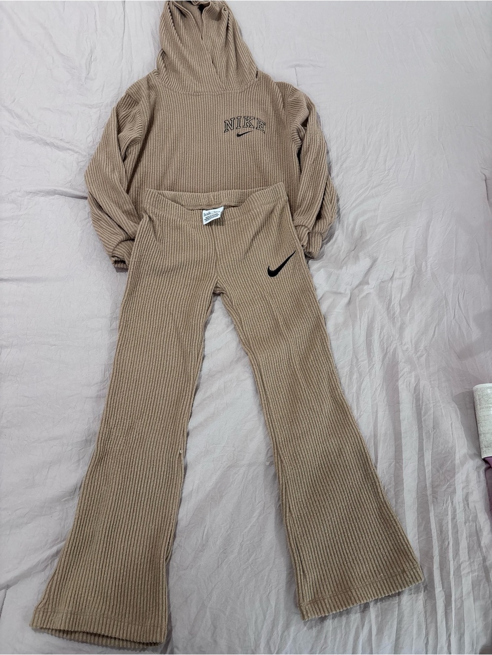 Nike Beige Ribbed Sweatpants & Hooded Top Set - Kids